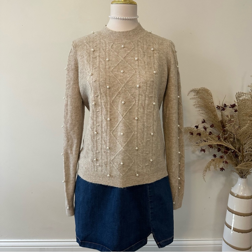 LOFT Tan Pearl Embellished Cable Knit Sweater Size MP Medium Petite